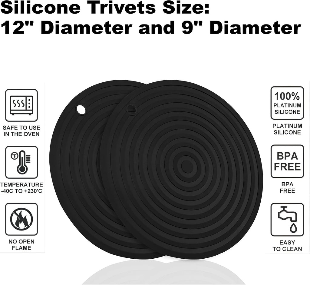 Silicone Trivets Mats for Hot Pots and Pans, Large Size Hot Pads Trivets 11.81" and 9.45" Diameter Round for Hot - Set of 2