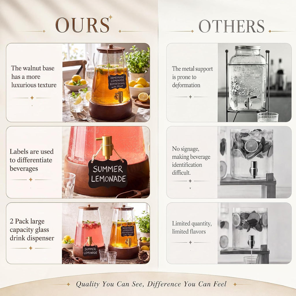 Sets 2 Gallon Glass Drink Dispenser for Parties Large Beverage Dispenser with Wooden Base Stand & Stainless Steel - Set of 2