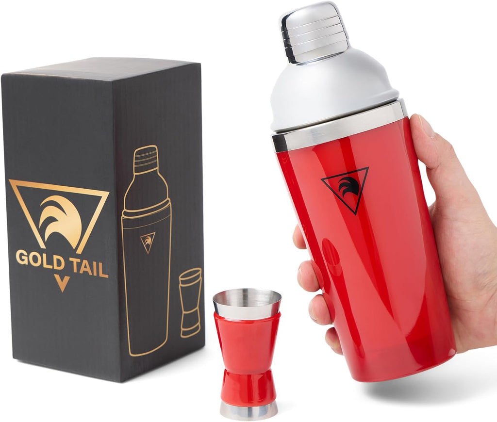 Cocktail Shaker Set 17oz - Red Stainless Steel Cobbler Shaker with Jigger, Leak-Proof & Non-Slip Base - Premium Bar