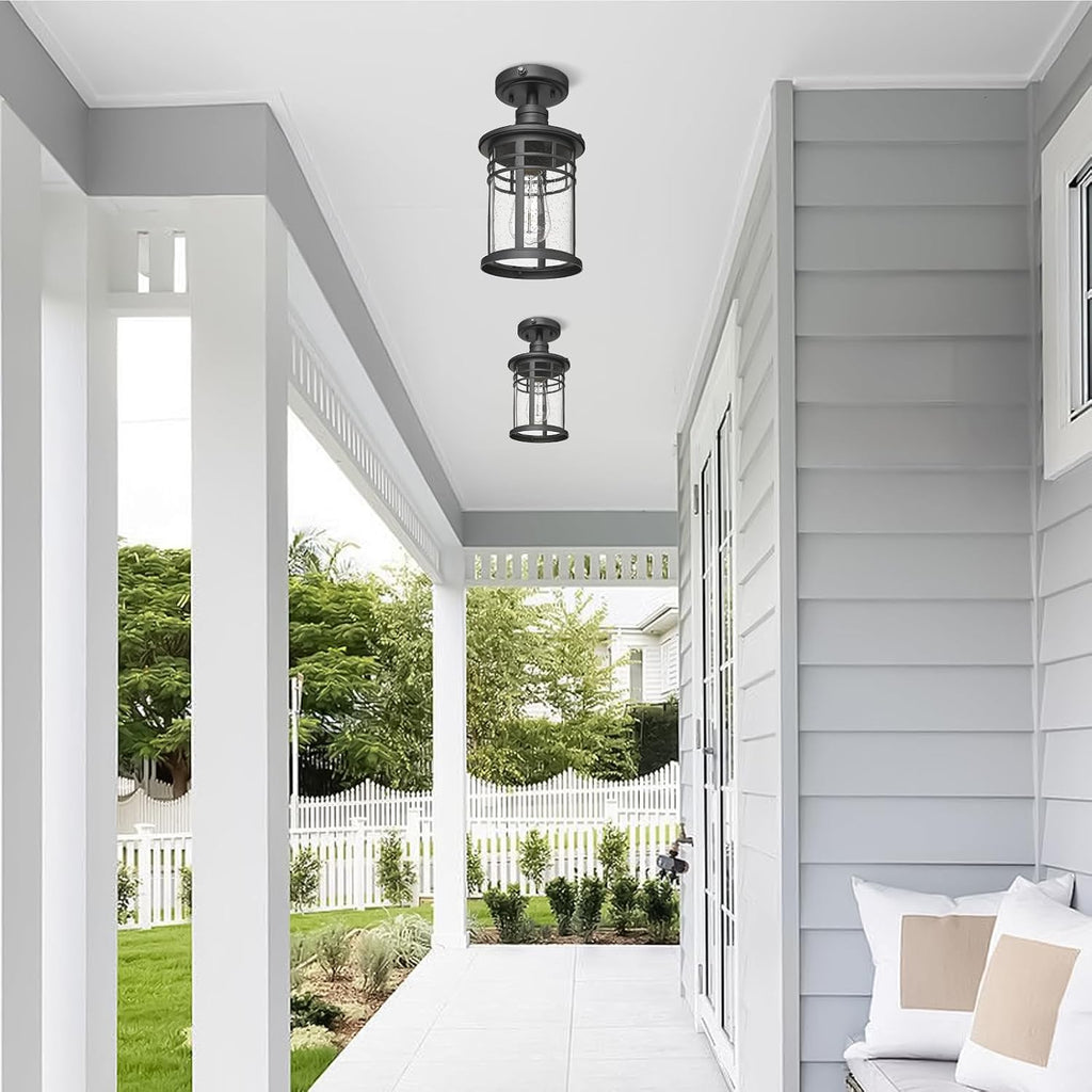 Semi Ceiling Light Fixtures, Dusk to Dawn Black Flush Mount Ceiling Lighting with Waterproof Seeded Glass Shade