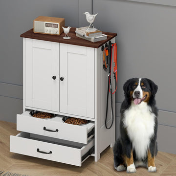 Dog Feeding Station with Elevated Dog Bowls with Storage Drawers