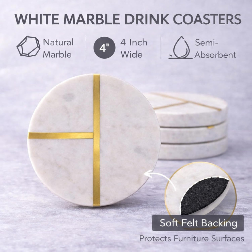 Marble White Coasters, 4" Wide - Set of 4