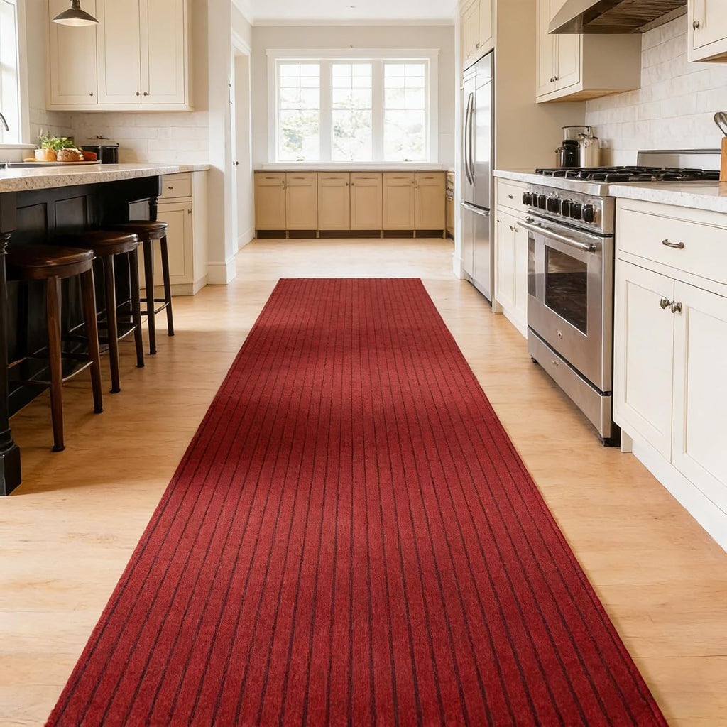 Stripe Runner Rug 2 x 6 ft Indoor Outdoor, Burgundy Non Slip Rubber Backing, Waterproof Low Profile Area Runner