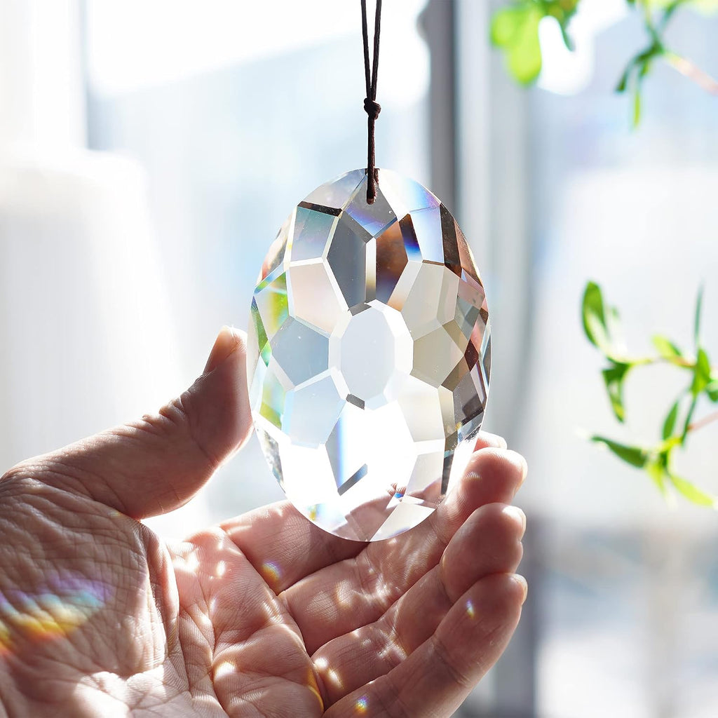 3.5 Inch Oval Crystal Prism Suncatcher, Clear Rainbow Maker - Clear Faceted Crystal Design, Window Hanging Pendant