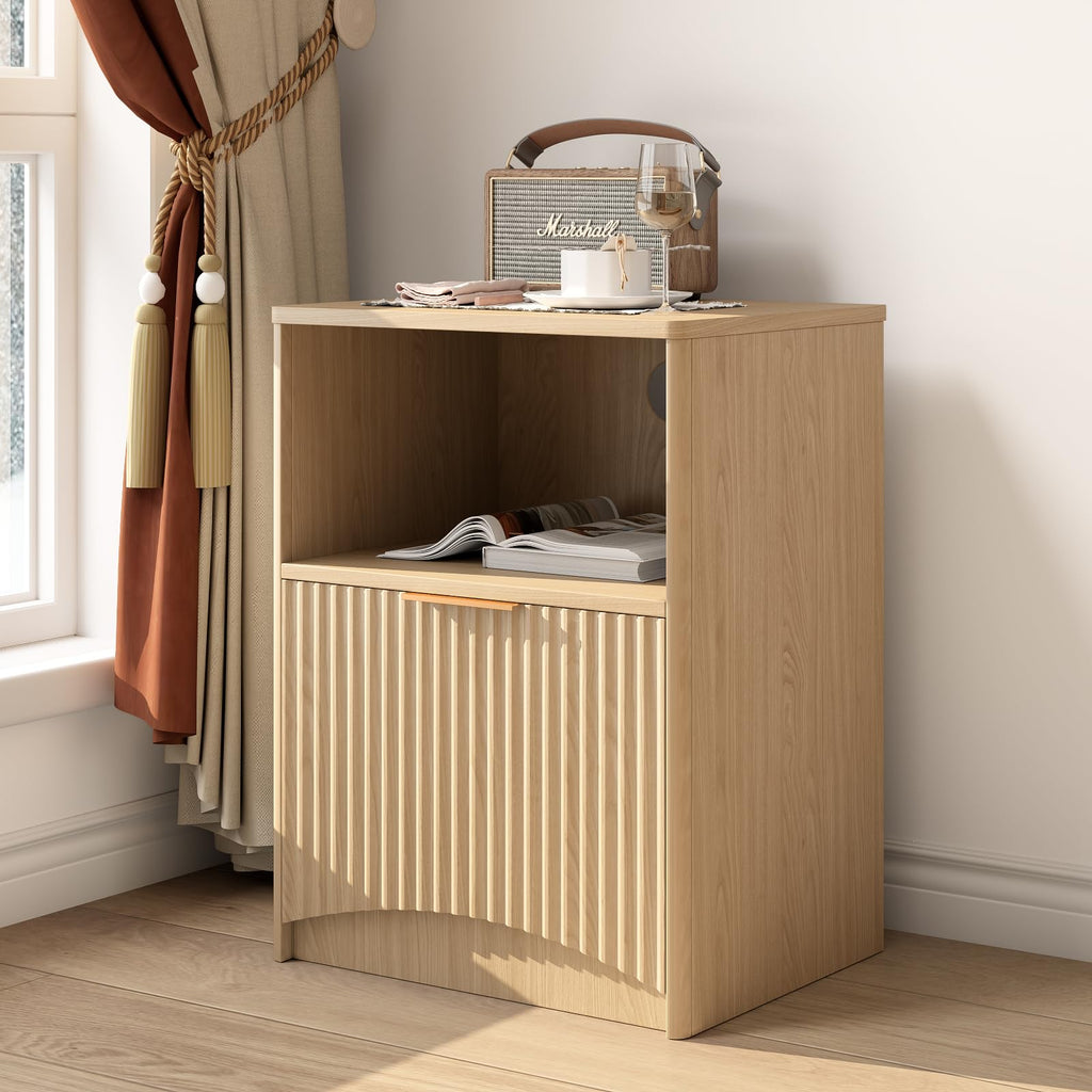 Fluted Nightstands Set of 2 with Drawer & Open Shelf