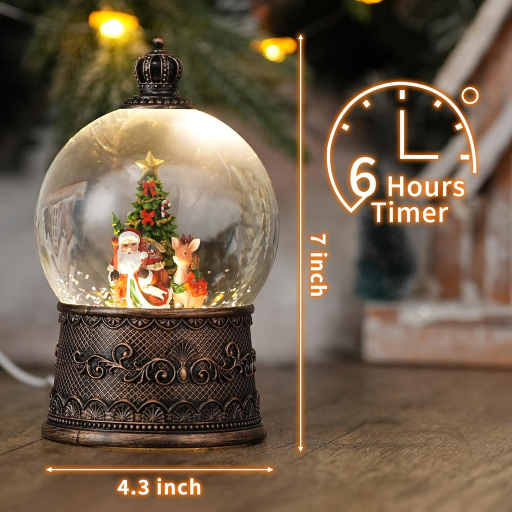 Snow Globe with Santa with Reindeer, Light Up Christmas Snow Globes with Music Timer - USB Plug or Battery Operated