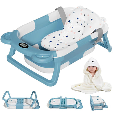 Collapsible Baby Bathtub for Newborn with Thermometer & 1 Hooded Towel & 1 Soft Floating Cushion,Portable Travel