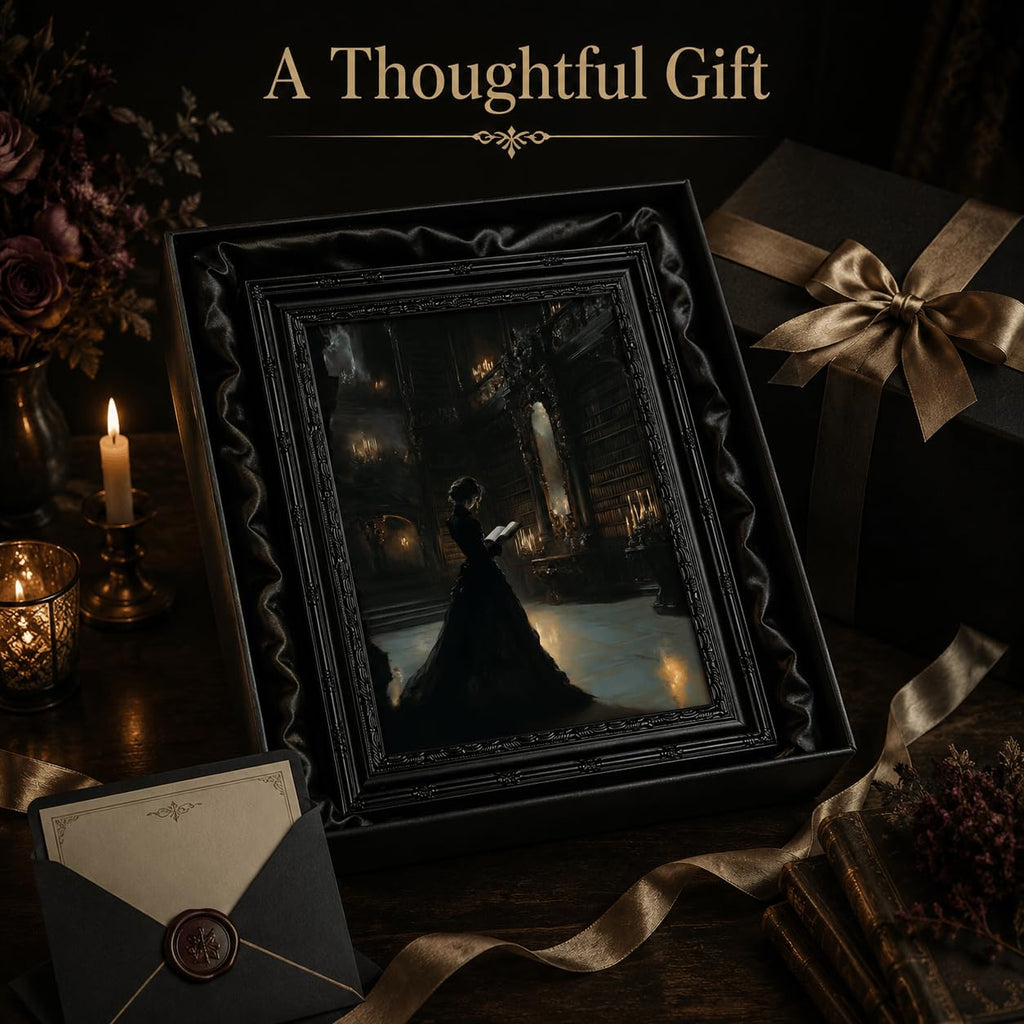 Black Framed Wall Art Victorian Woman Reading Canvas Print Dark Academia Library Decor Picture Moody Gothic Vintage