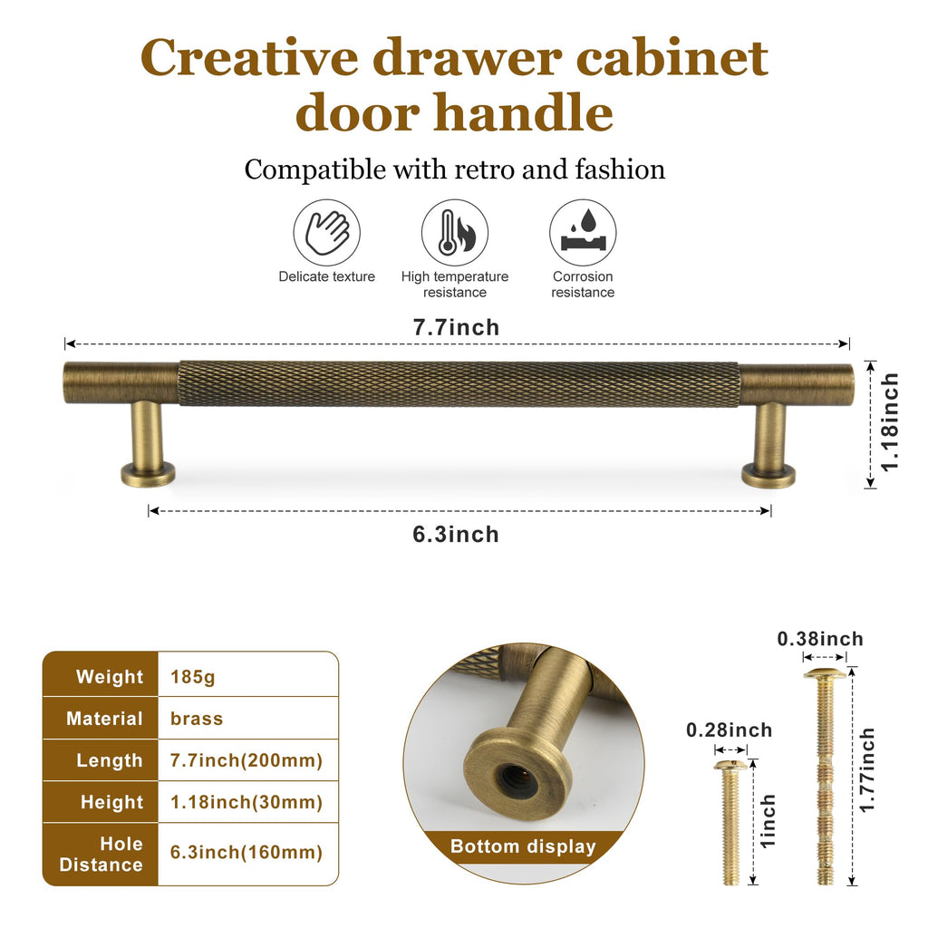 6-1/4" Knurled Solid Brass Cabinet Pulls, Antique Brass 5-Pack