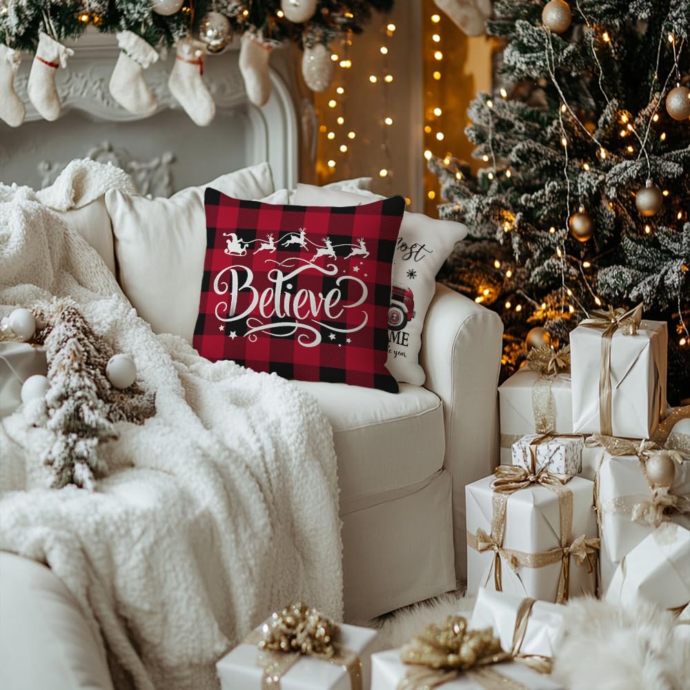Merry Christmas Throw Pillow Covers 16x16 Inch Set of 4, Xmas Trees Truck Buffalo Plaid Believe Farmhouse Decorative