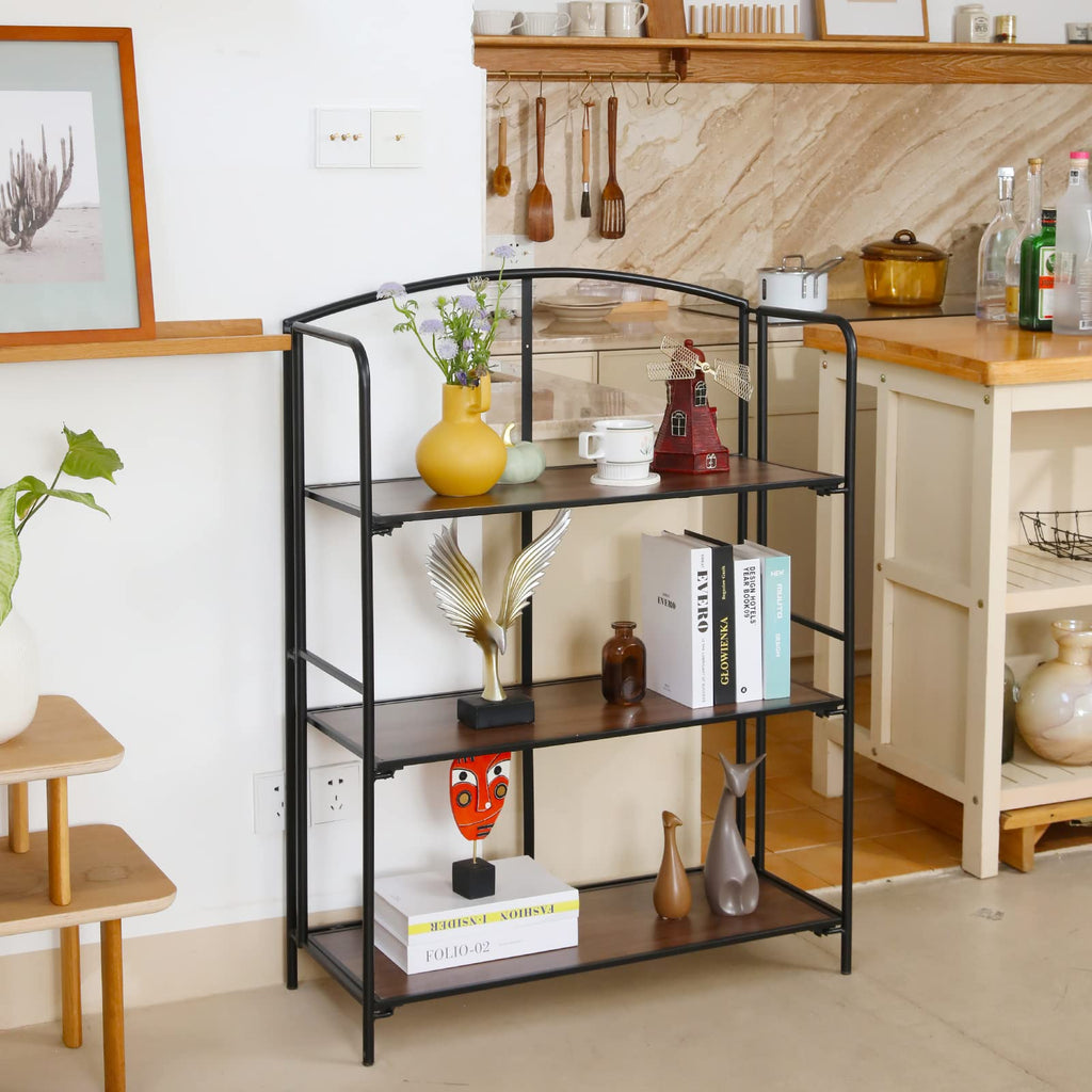 3-Tier Wider Foldable Bookshelf, Black Frame & Walnut Shelves