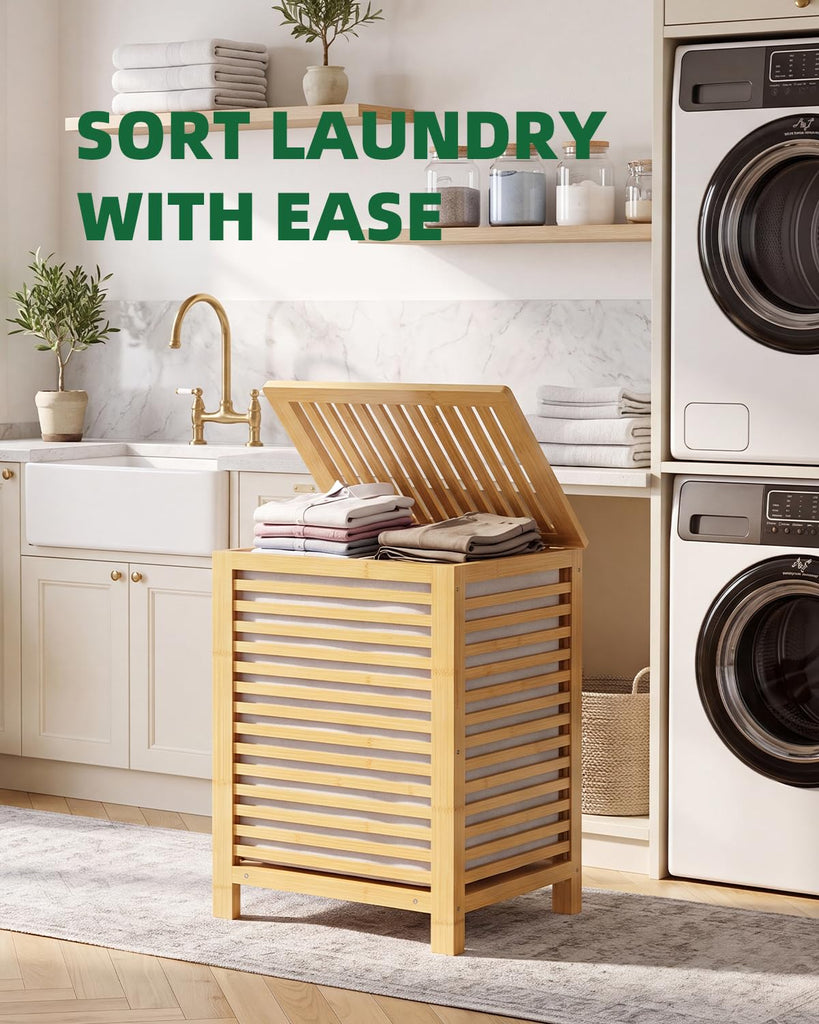 Double Laundry Hamper with Lid, 120L Bamboo Laundry Basket with Removable Liner Bag, 2-Section Clothes Divider