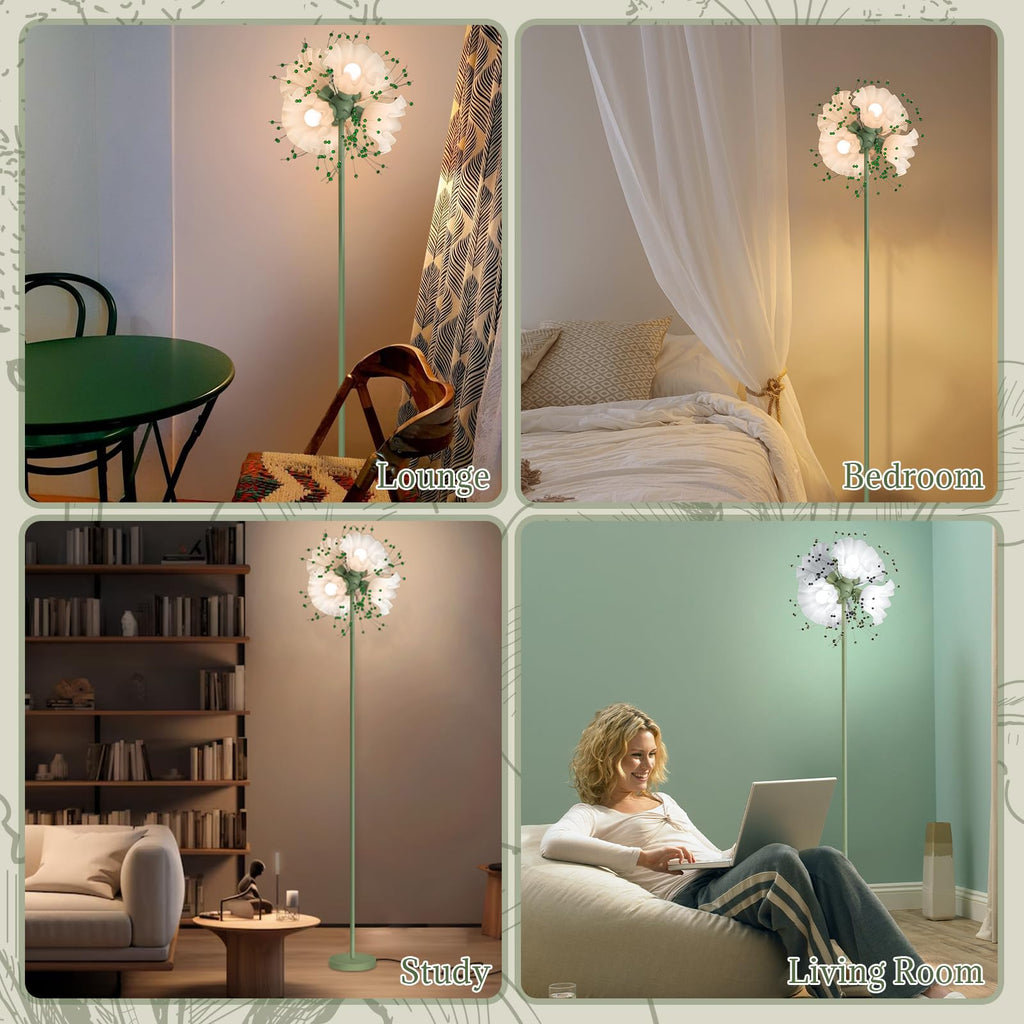 Flower Floor Lamp, Tall Crystal Floor Lamp with 6 LED Blubs, Green Floral Floor Lamps with 3 Color Temperatures