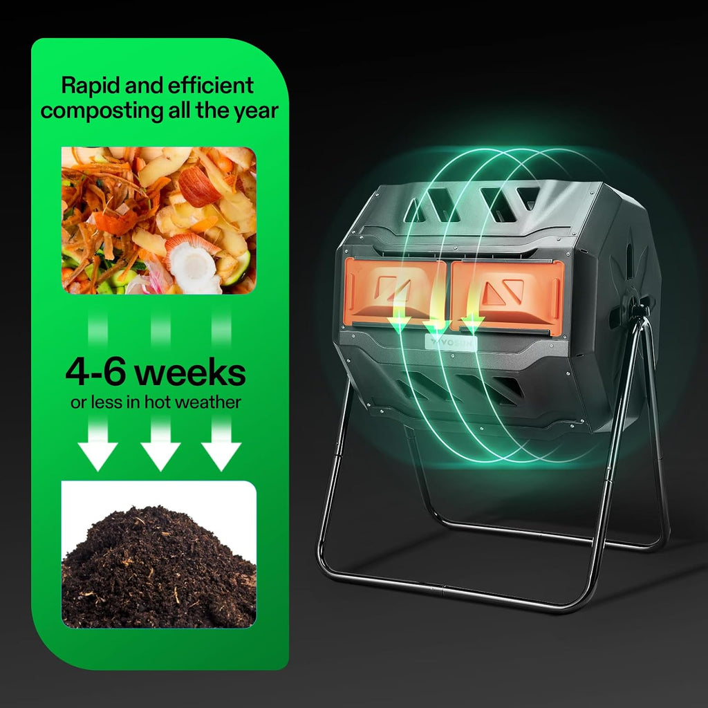Outdoor Tumbling Composter Dual Rotating Batch Compost Bin, 43 Gallon Orange Door
