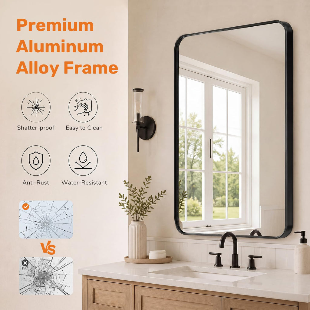 Bathroom Wall Mirror, 36x24 Inch Mirror for Over Sink, Black
