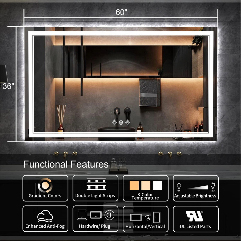 Lighted Vanity Mirror, 60x36 Inch Gradient Front and Backlit LED Mirror, 3 Colors Dimmable CRI>90 Double Lights
