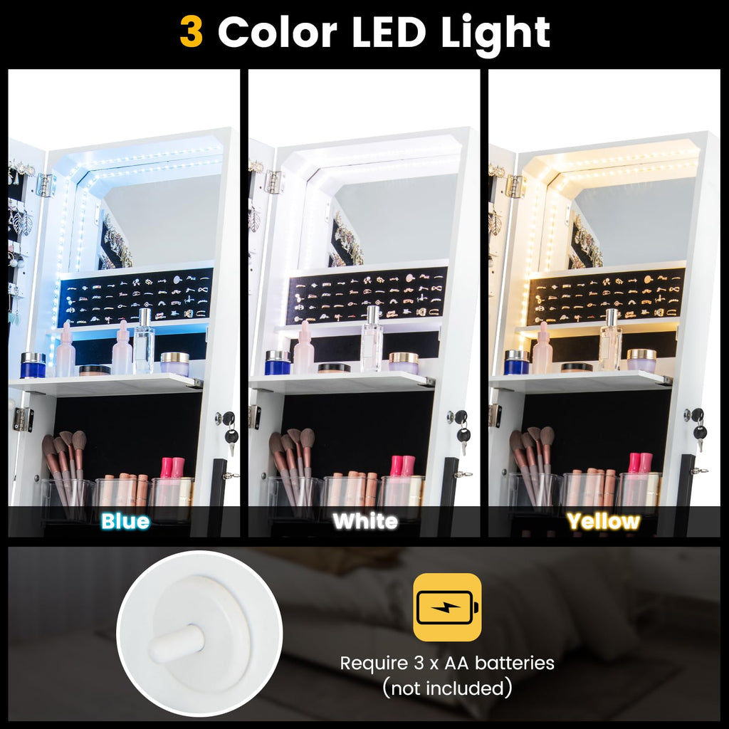 Jewelry Cabinet Armoire with Full Length Mirror, 3-Color Light Strips, Mirrored Tilt out Drawer, Lockable Standing