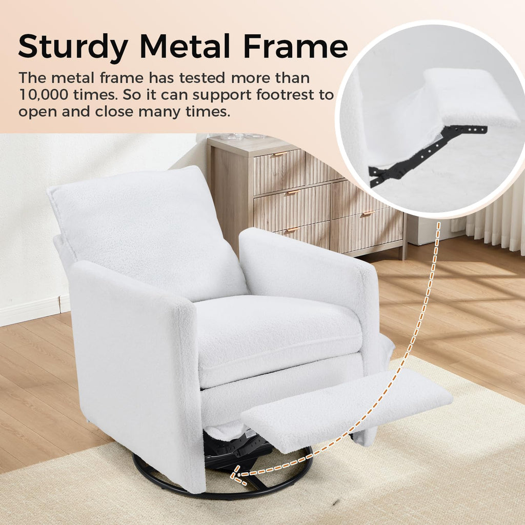 Swivel Rocker Recliner Chair, Teddy Upholstered Nursery Glider Chair, Manual Reclining Chair with Two Removable