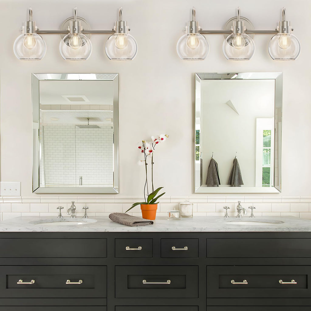 3 Lights Vanity Light, Brushed Nickel Bathroom Light Fixtures, Farmhouse Wall Sconces with Globe Clear Glass Shade