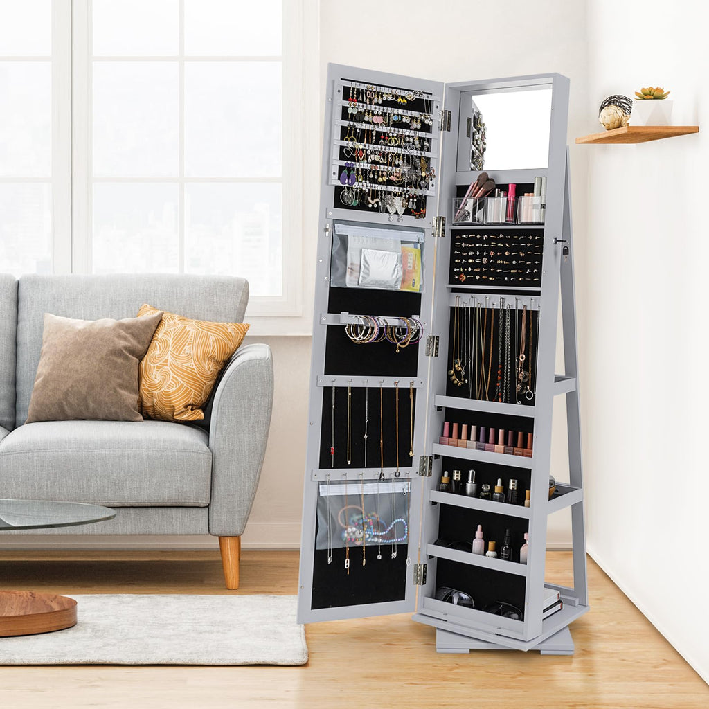 360 Rotating Jewelry Armoire Cabinet, Standing Jewelry Organizer w/Full-Length Mirror & Large Storage Space, Lockable