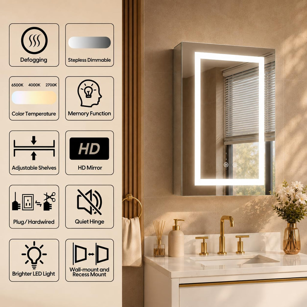 20 x 30-in LED Medicine Cabinet, Surface or Recessed Mounted, Single Right Opening Doors, Anti-Fog, Mirror with