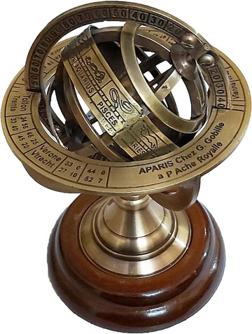 Armillary Astrolabe Sphere Showpiece, Brass and Wooden Base Engraved Brass Tabletop Armillary Nautical Sphere Globe