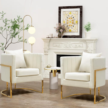Velvet Accent Barrel Chairs Set of 2, Modern Arm Club Chair Set with Pillow /Bedroom/Guest Reception, Channel Tufted