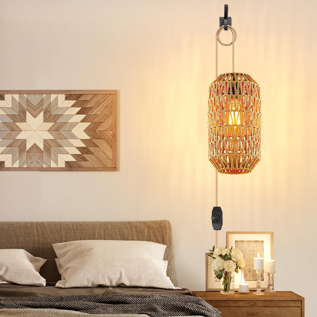 Boho Plug in Pendant Light Rattan Hanging Lights with 15FT Cotton Cord & Stepless Dimming Switch, Woven Wicker Basket