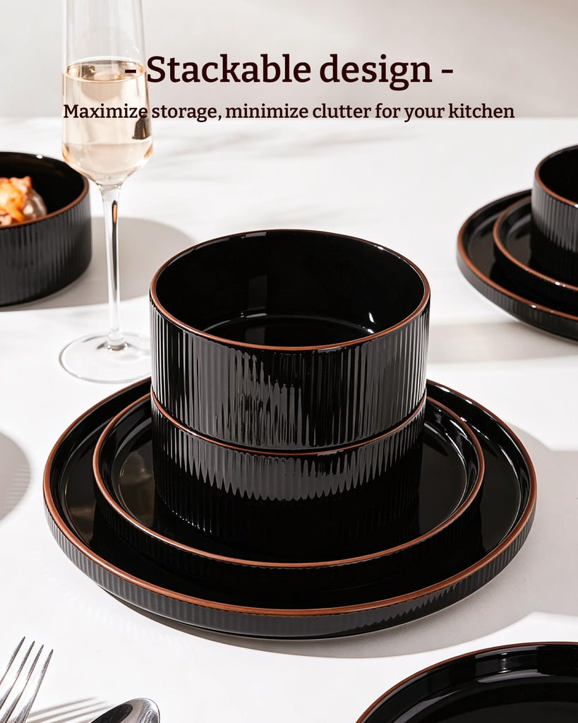 Line Porcelain Dinnerware Set, dish set for 4, Black