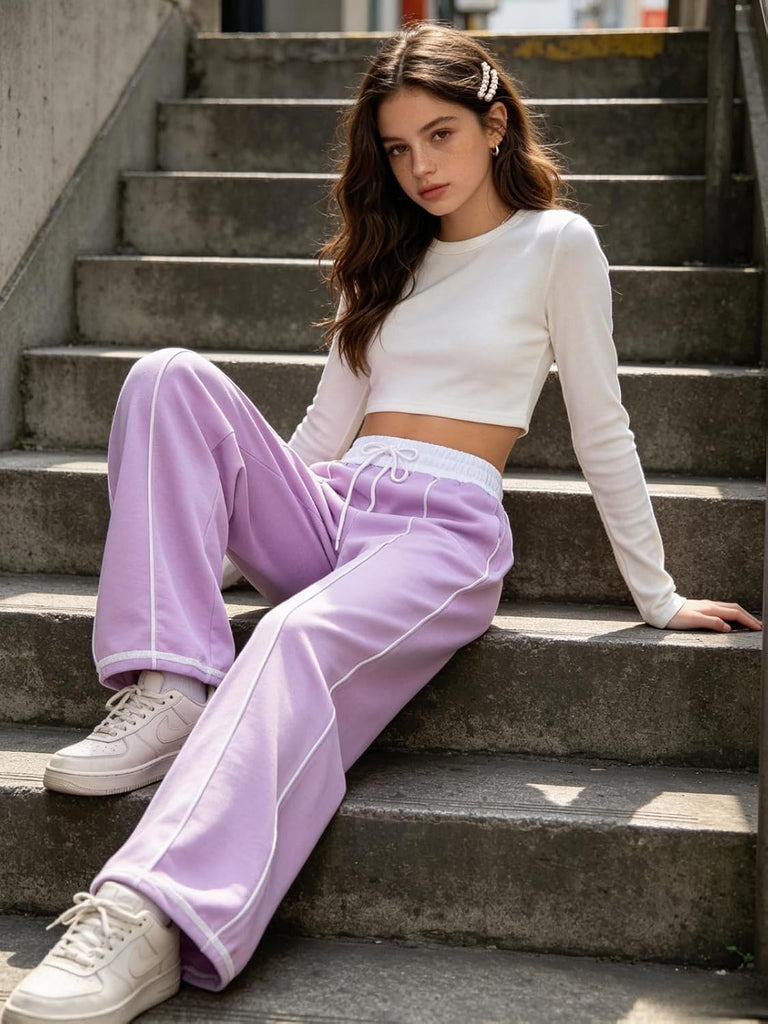 Teen Girls Sweatpants 2 Pack Wide Leg High Waist Striped Jogger Track Pants