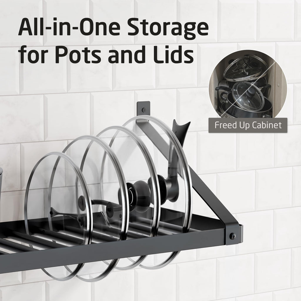 75 lb High-Capacity Pot Rack Wall Mounted with Pot Lid Holder 34 Inch