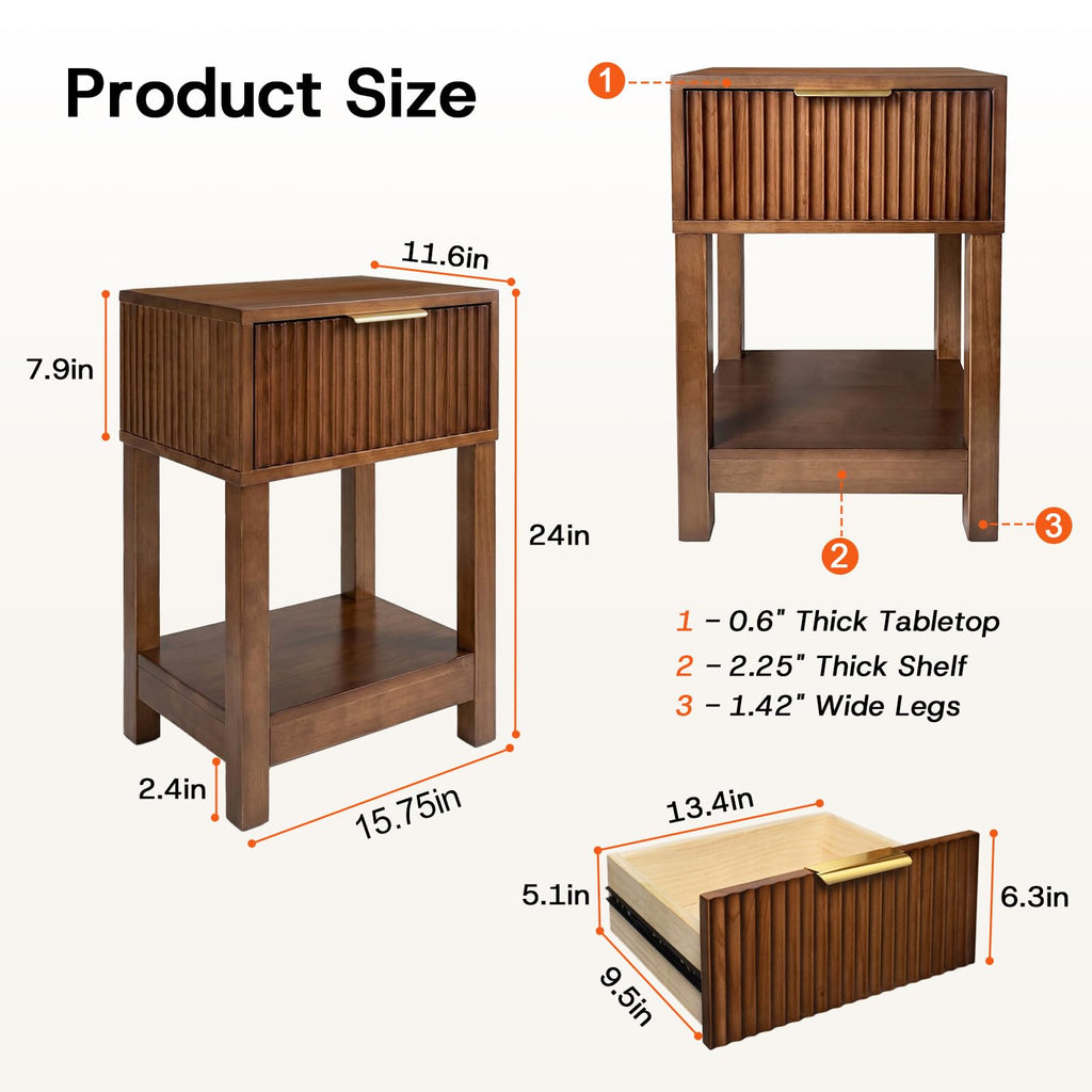Solid Wood Nightstand with Drawer, Mid-Century Real Wooden Bedside Table with Storage, Modern Fluted End Table Sofa