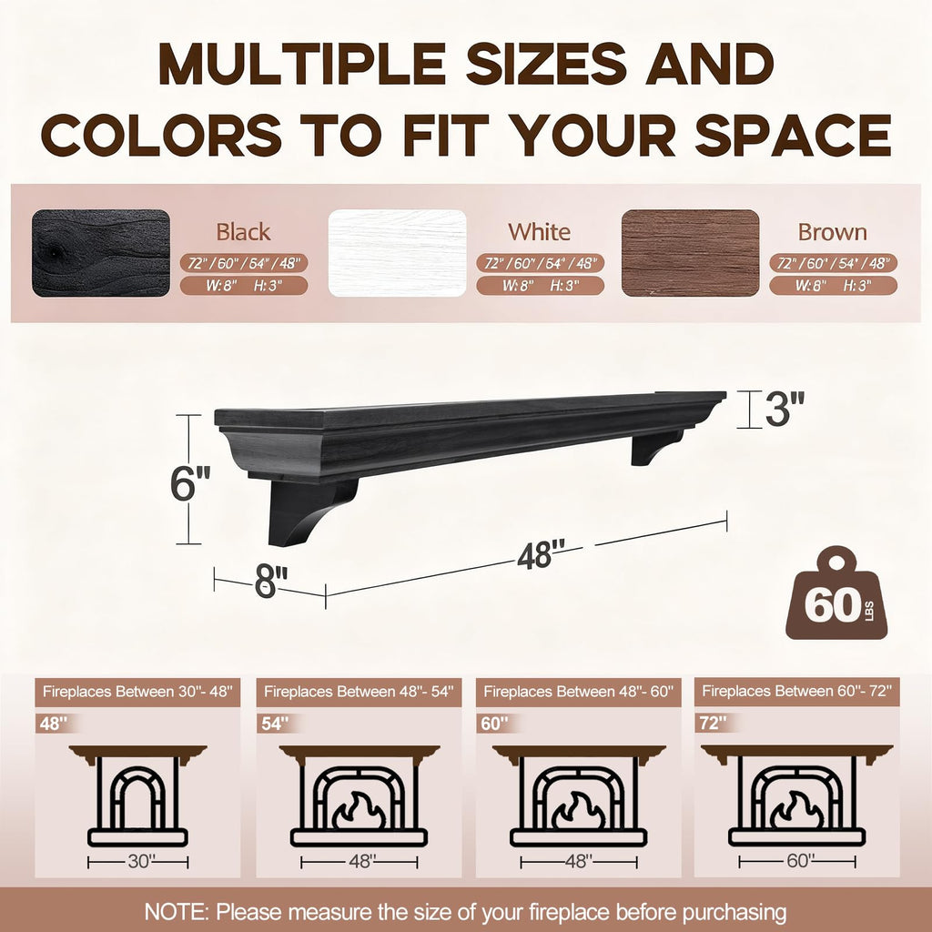 48 Inch Fireplace Mantel Shelf with Corbels, Rustic Floating Shelf, Black