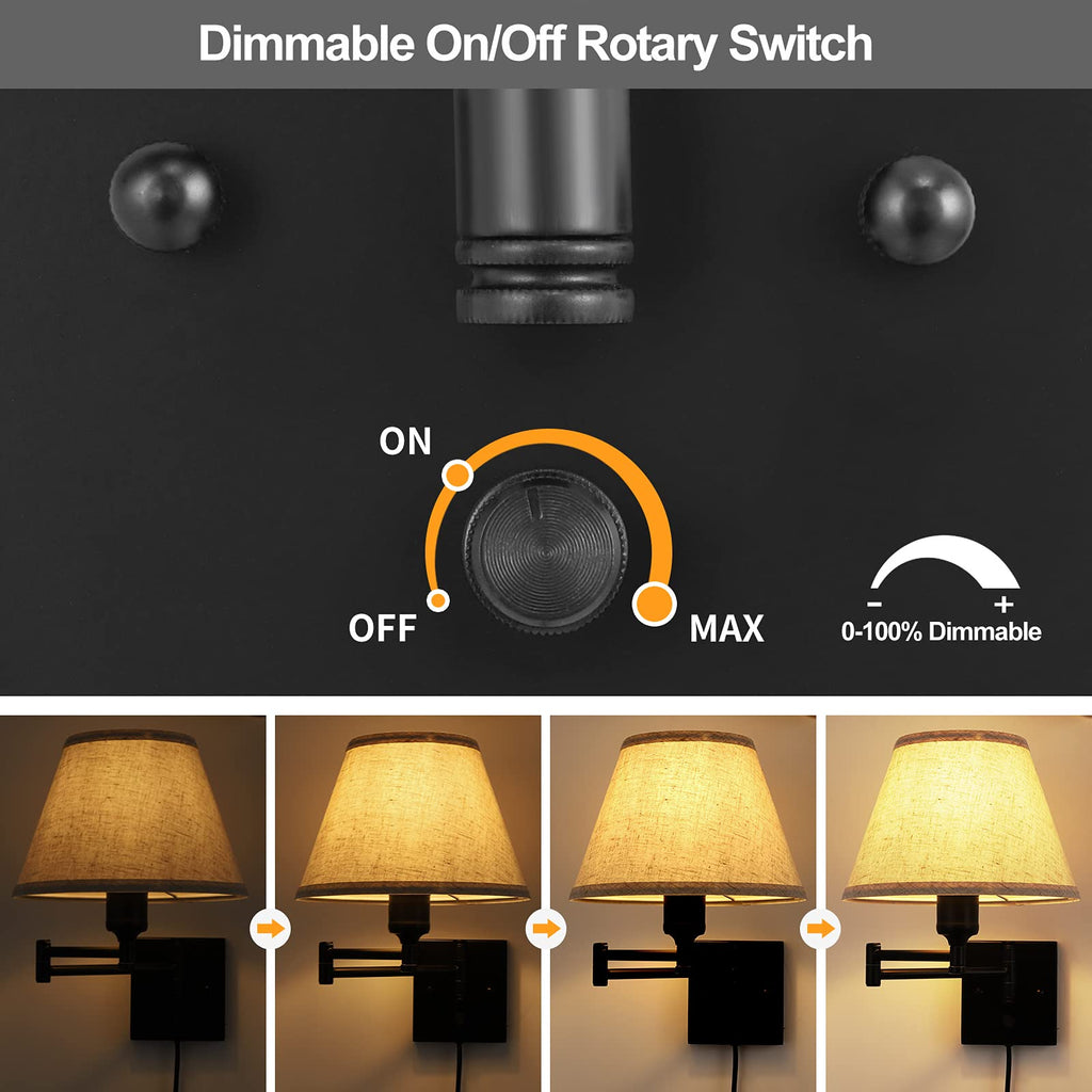 Wall Sconce Plug in, Dimmable Wall Sconces Set of Two Swing Arm Wall Lights with Plug in Cord and On/Off Dimmer