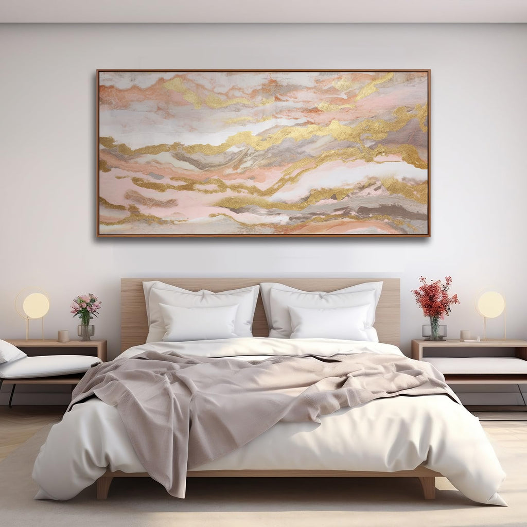Abstract Pink Canvas Wall Art Framed Gold Abstract Line Artwork Decor Canvas Art Bedroom Pictures Office Decoration