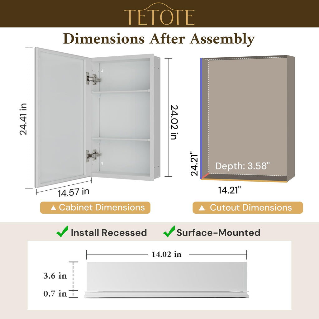 14 x 24 Medicine Cabinet with Tempered Beveled MirrorWhiteVanity Mirror with Storage Aluminum Cabinet DTC Hinges