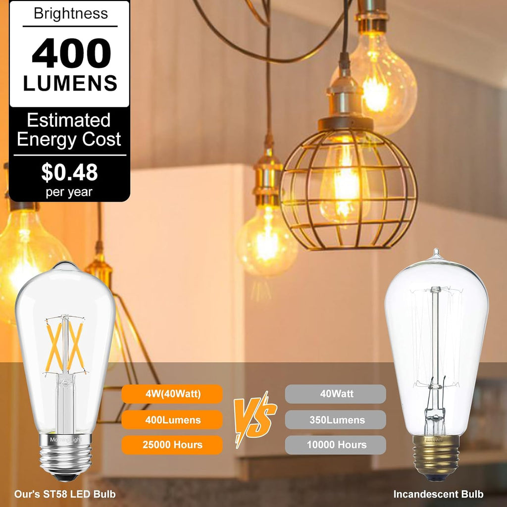 6 Pack Dimmable Vintage LED Edison Bulbs 40Watt, E26 LED Edison Light Bulbs 40 Watt Warm White 2700K, 4W ST58 Antique