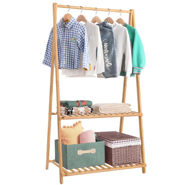 Bamboo Child Garment Rack Foldable with 2 Tier Storage Shelf