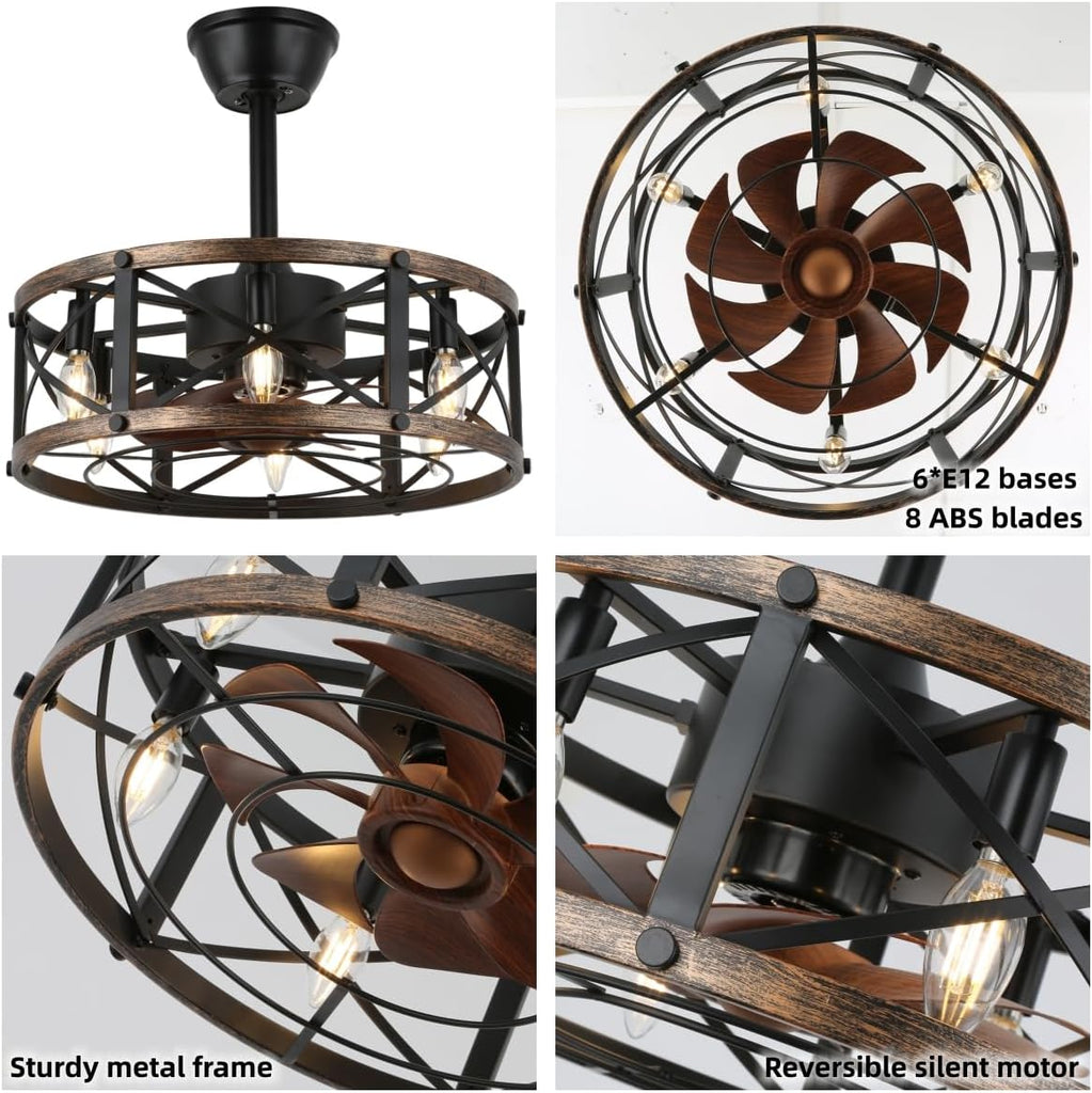 19" Farmhouse Fandelier Ceiling Fan with Light, Caged Bladeless Ceiling Fans with Lights and Remote, Modern Small Enclosed Ceiling Fans with Lights for Living Room, Bedroom, Black A101-B0CD3WXJ43
