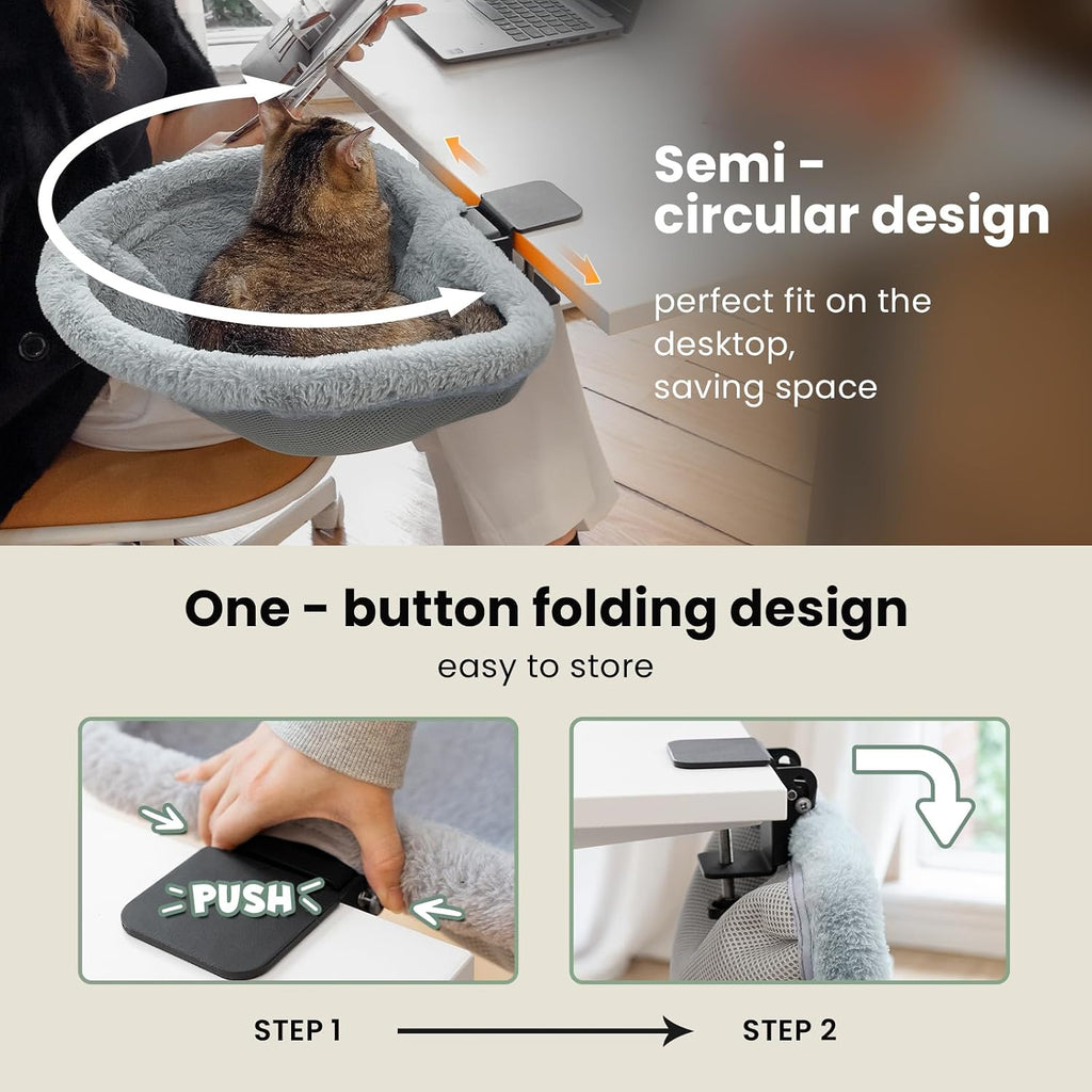 Cat Desk Bed - One-Click Folding, Sunken Design & Space-Saving Semi-Circular Cat Bed, Soft Faux Rabbit Fur Material