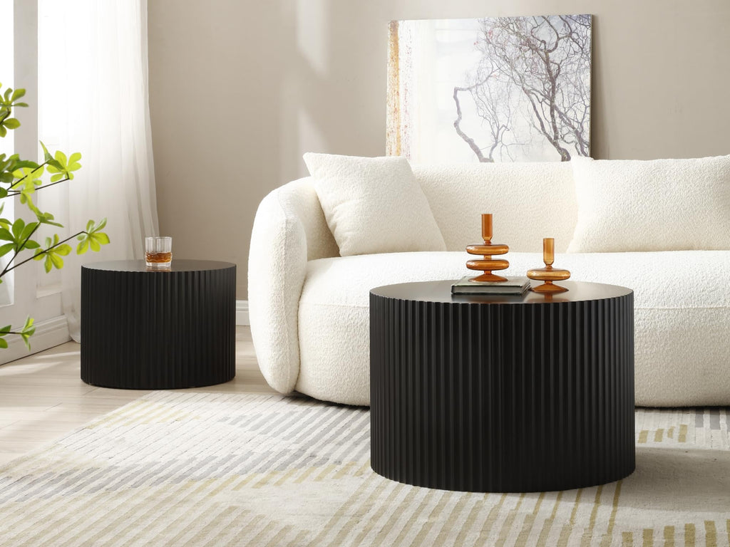 Nesting Coffee Set of 2 Round Coffee Tables Cocktail End Drum Coffee Matte Black