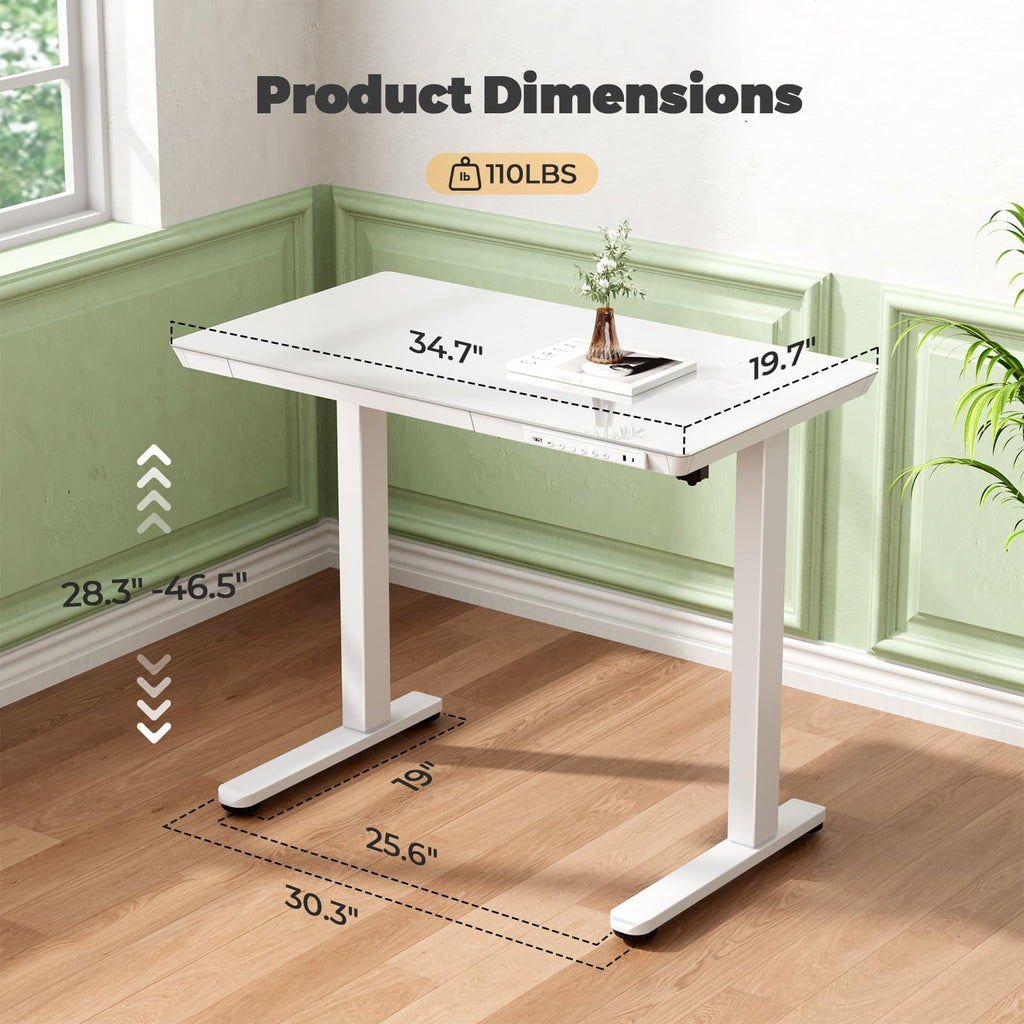 35" Electric Standing Desk with Drawer, One-Piece Glass Top
