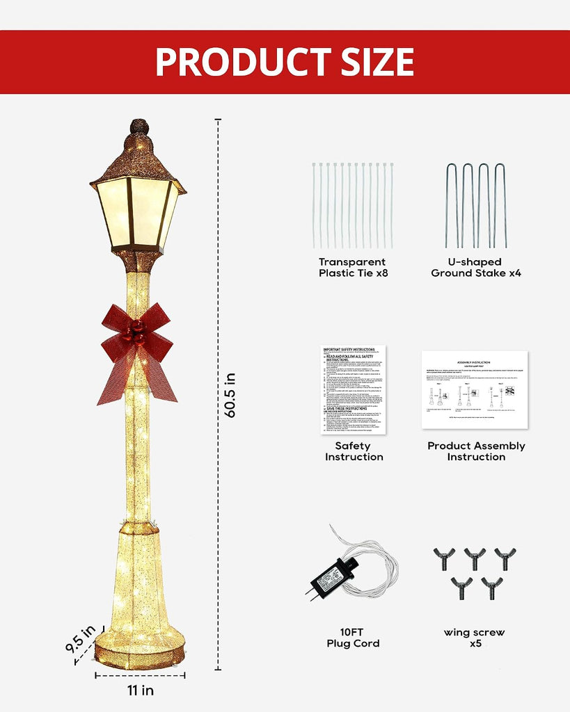 60-Inch Outdoor Christmas Decorations 3D Lighted Lamp Post with 105 LEDs