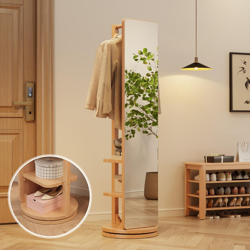 Full Length Mirror Coat Rack Solid Wood Floor Mirror 66"x12" Full Length Mirror with Stand Long Mirrors (Natural, 66"