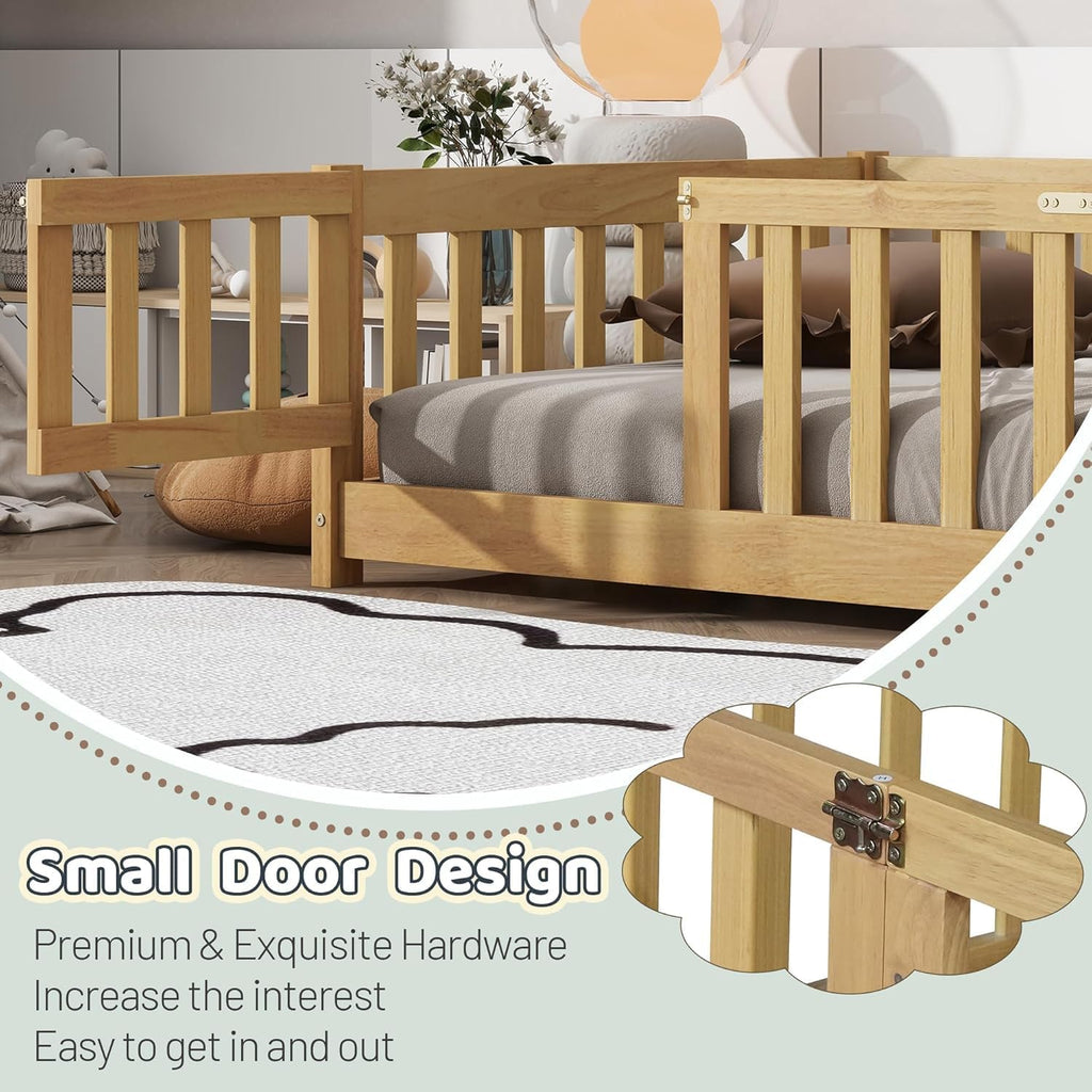 Floor Bed for Kids, Montessori Bed Frame with Door, Low Beds with Rail for Boys and Girls, No Box Spring
