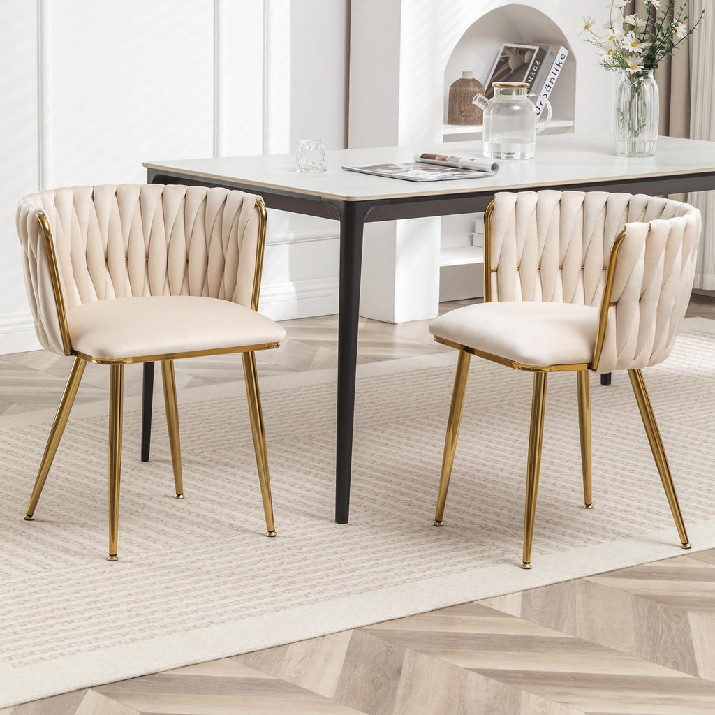 Velvet Dining Chairs Set of 2, Modern Upholstered Woven Dining Chairs with Gold Metal Legs, Modern Accent Chairs