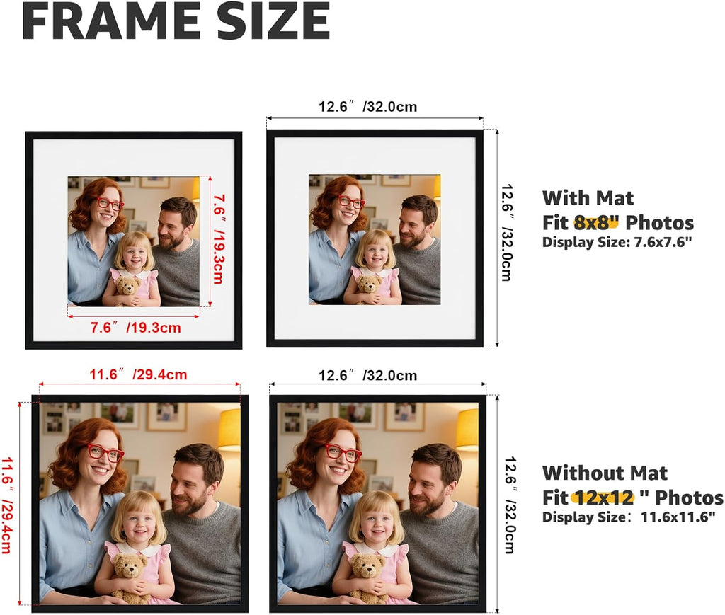 12x12 Picture Frame Black Set of 16, Matted to 8x8 Photo with Mat, Lightweight Square Gallery Frames for Wall Hanging