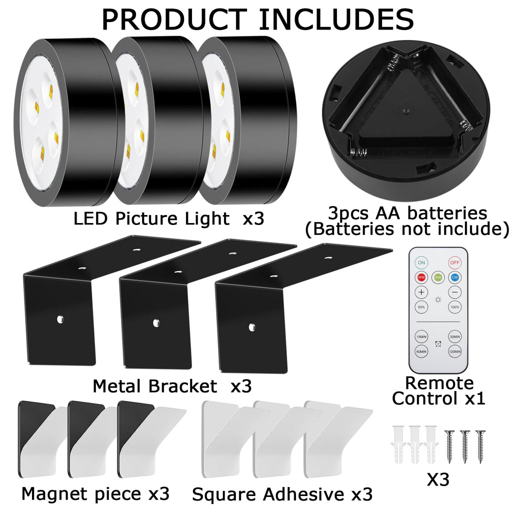 Battery-Powered Picture Lights with Remote Control, Magnetic LED Art Lights for Framing, Dimmable and Timer-Equipped