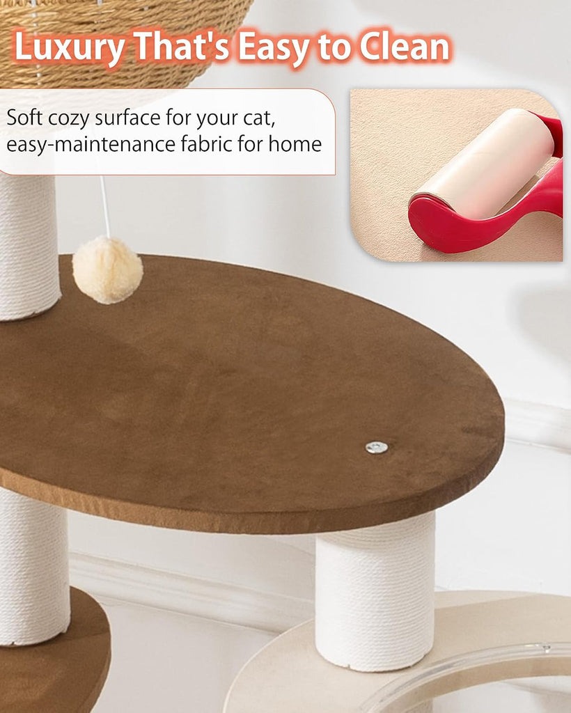 56.6" Velvet Cat Tree Tower with Woven Condo, Clear Bowl & Hammock