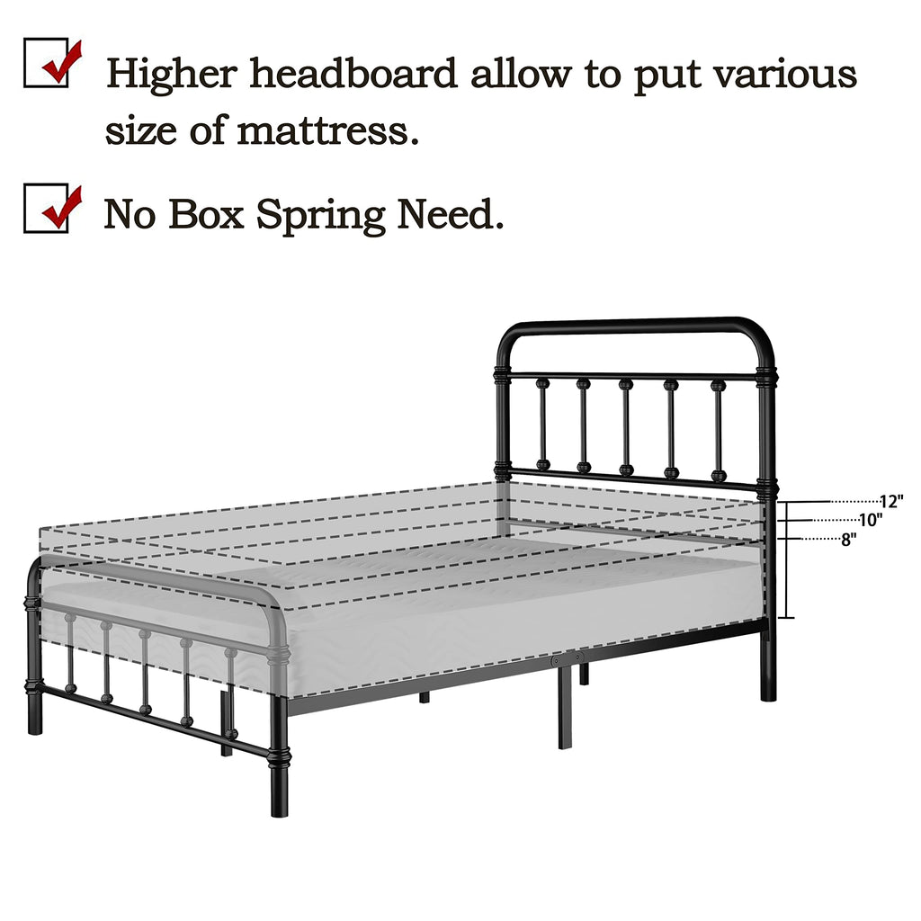 Metal Bed Frame with 49inch High Vintage Headboard